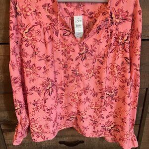 LOFT NWT Floral Vine Long Sleeve Ruffle Cuff Tie Neck Blouse Pink Petite Large